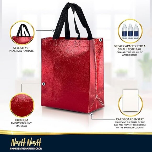 Red Gift Bags Medium Size – Set of 12 Shiny Red Reusable Gift Bags With Handles - Picture 3 of 4